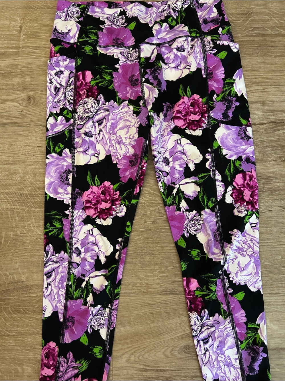 Victoria's Secret Black Floral Leggings with Purple & Pink Blooms